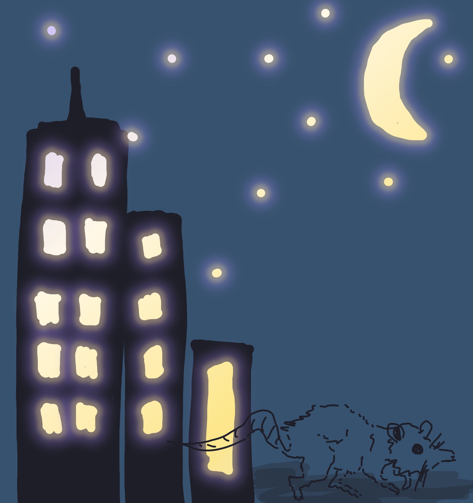 My Rat explores midnight city — a one-shot sketch by Mizzie on The Midnight Gallery daily drawing app.