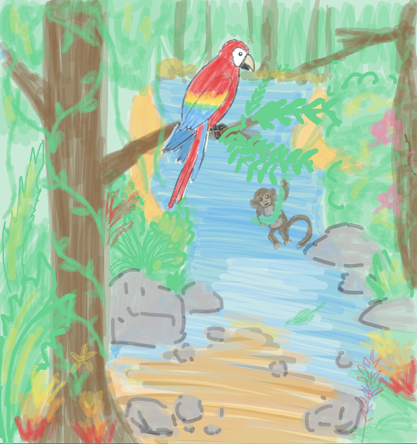 My Vibrant rainforest scene — a one-shot sketch by Mizzie on The Midnight Gallery daily drawing app.